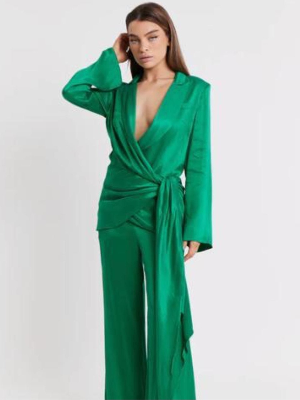 Boa Soft Draped Blazer Size S Green Satin Elegant St Patrick’s Day Tie Detail